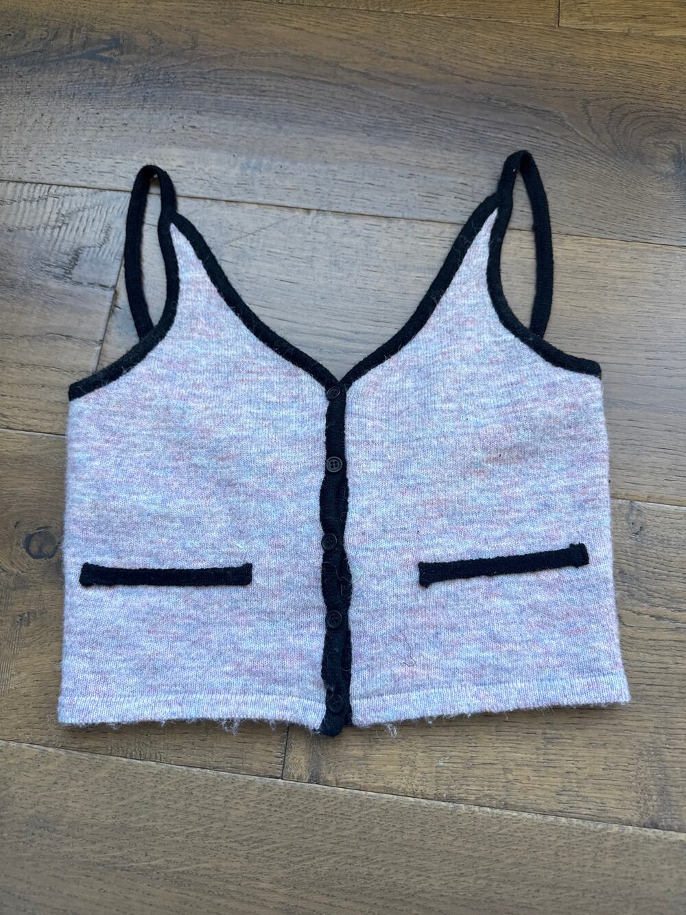 VRG GRL Fuzzy Knit Cropped Cardigan Tank Top Spaghetti Strap Pink Womens Small
